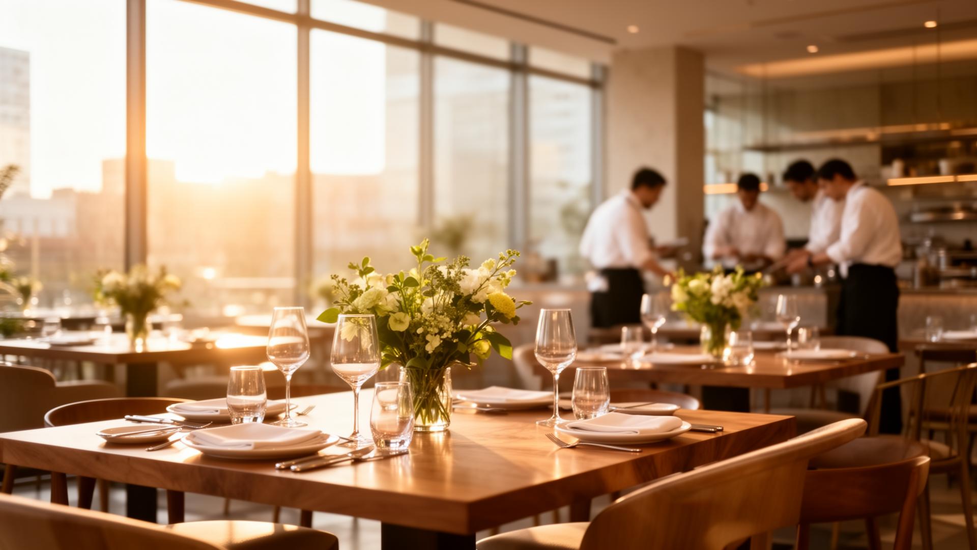 Modern restaurant interior at golden hour